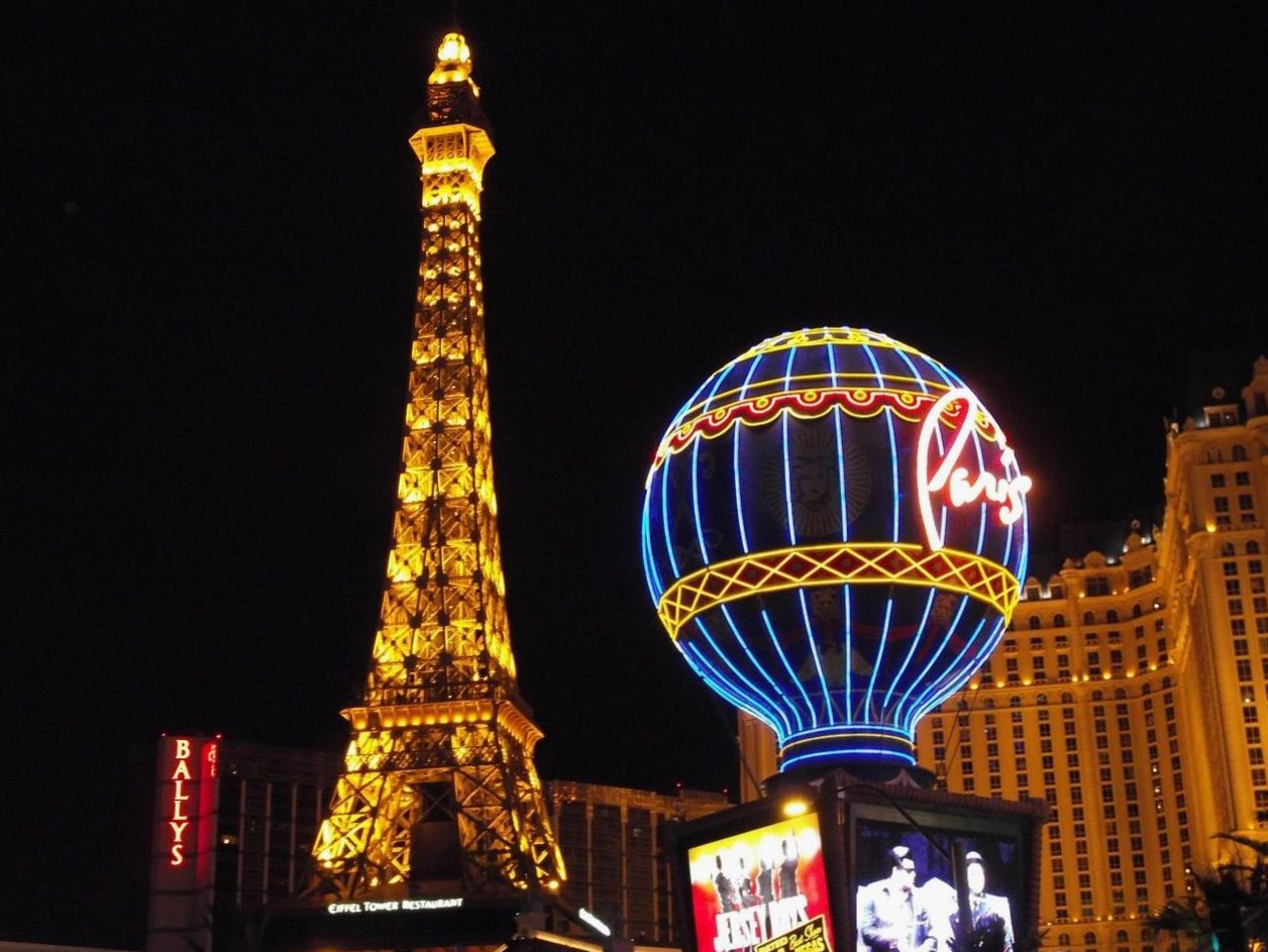 Casino resort tower lit up at night
